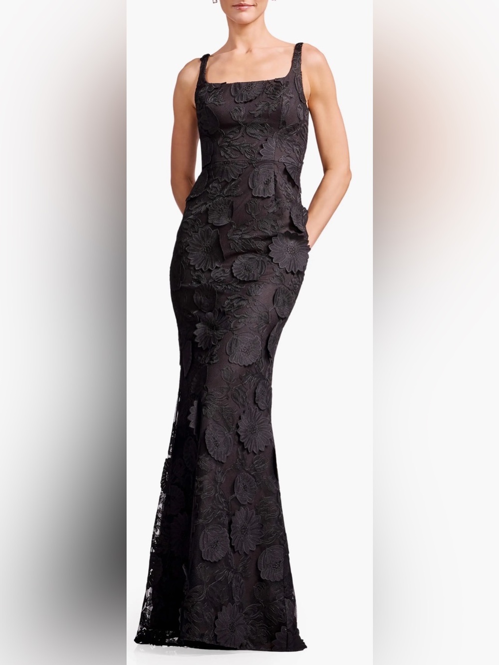 NEW Dress The Population Lorena Sleeveless Square-Neck Rosette Black Maxi Sz L